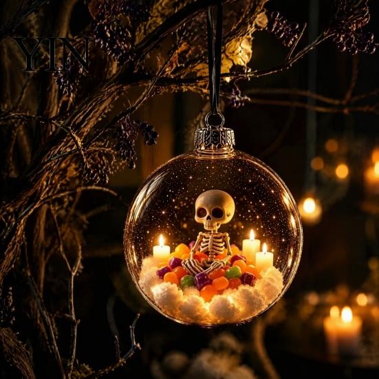 Festive Hanging Decoration Halloween Clear Ball Decoration, Glowing Sphere Ornament with Skeleton, Pendants Pumpkin, Spider Web, Black Cat Decor,