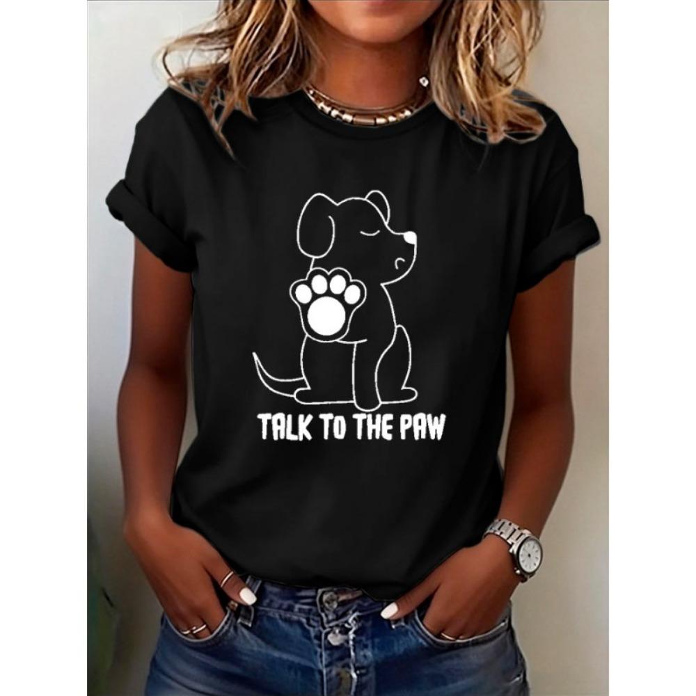 Ilstile Women's Dog Paw Print T-Shirts Summer Short Sleeve Tops Casual Round Neck T Shirt Black White Tees Hot Sale