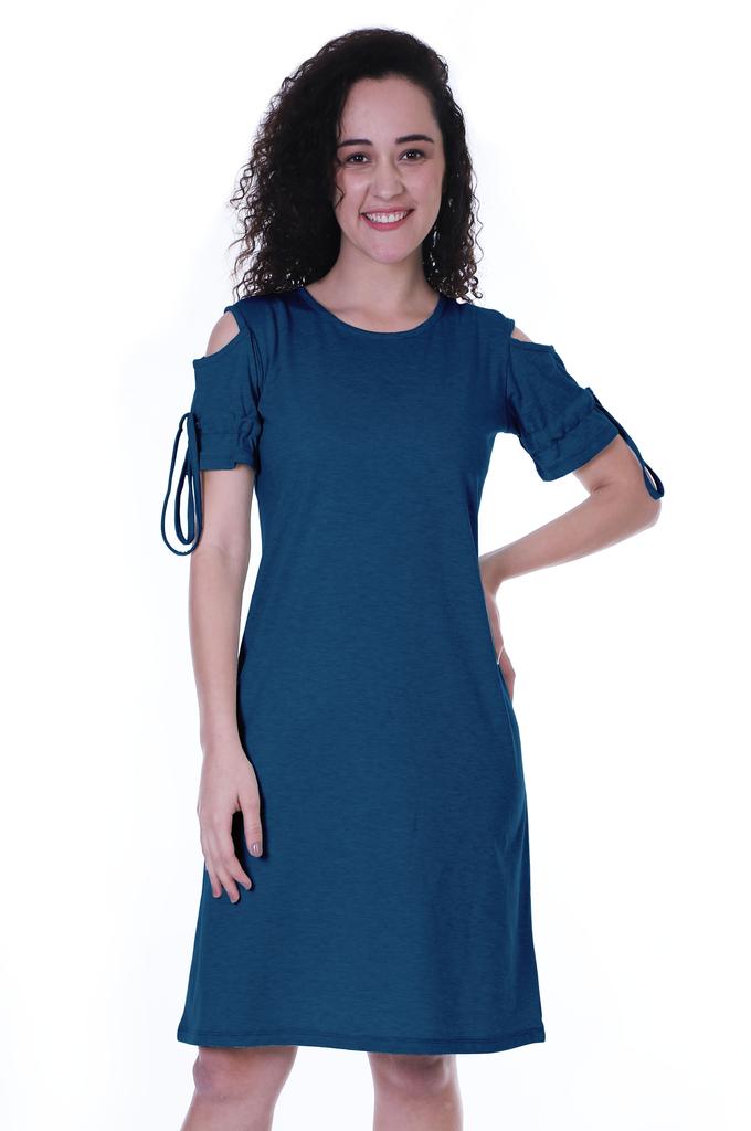 Moomaya Cold Shoulder T-shirt Dress Round Neck Casual Knee Length Summer Dresses For