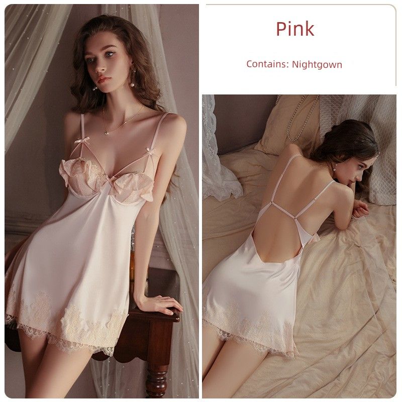 Good Morning with You: Lace Sling French Push up with Breast Pads Pajamas with Steel Ring Ice Silk Nightdress Two-piece Set Slim Looking