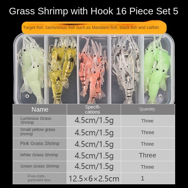 15Pcs  Pvc Shrimp Lures Multicolor Soft Luminous Shrimp Bait Set Fishing Lure With Sharp Hook