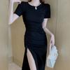 Women's Dress Summer Drawstring Short Sleeve Sexy Slit Long Dress Slimming Mid-length Dress