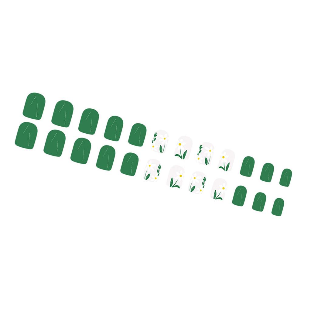 24 Pcs Flowers False Nail Light Green Artificial Nail Glossy Full Cover Stick on Nail Short Square Press On Nail