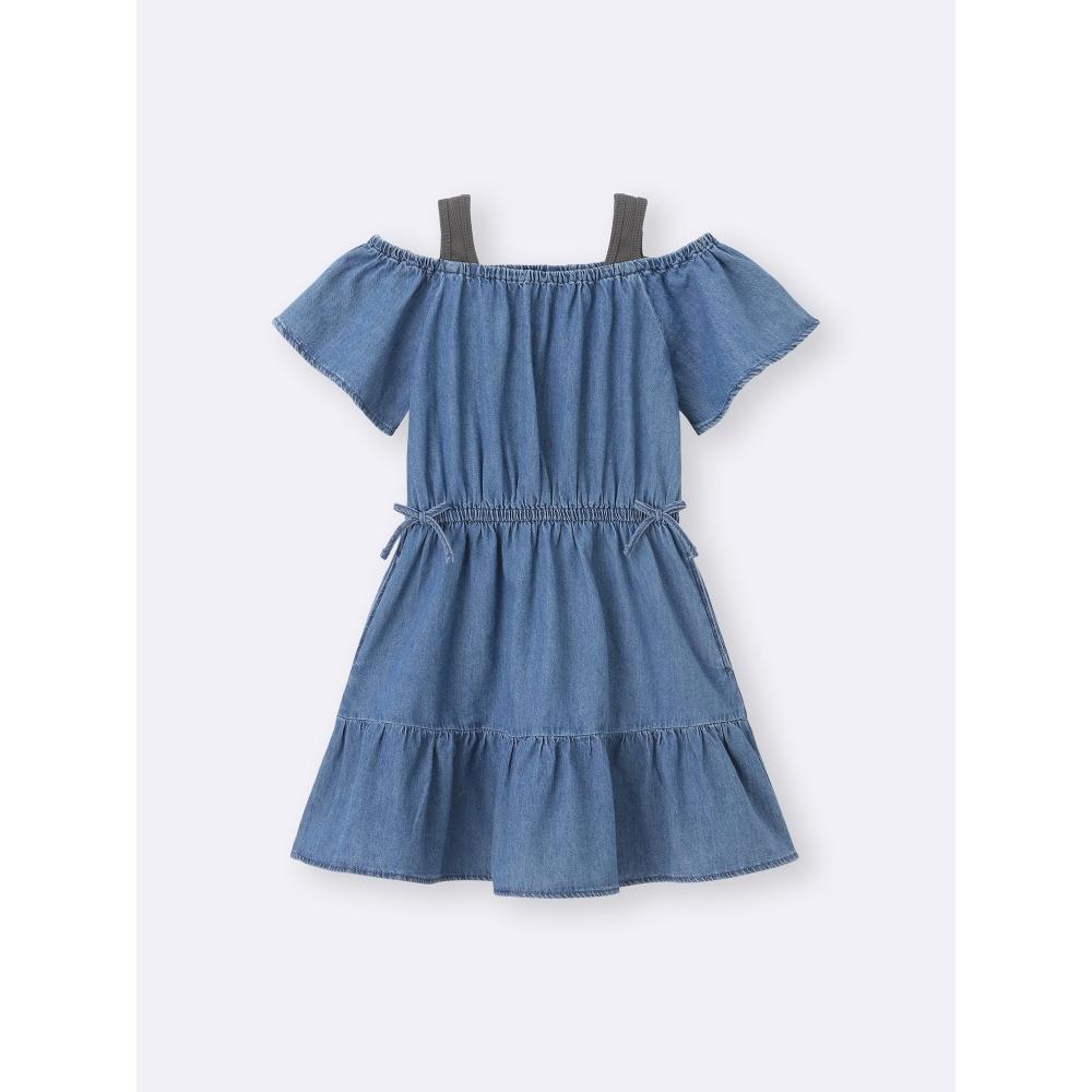 Gu By Uniqlo Girls Denim Off Shoulder Dress