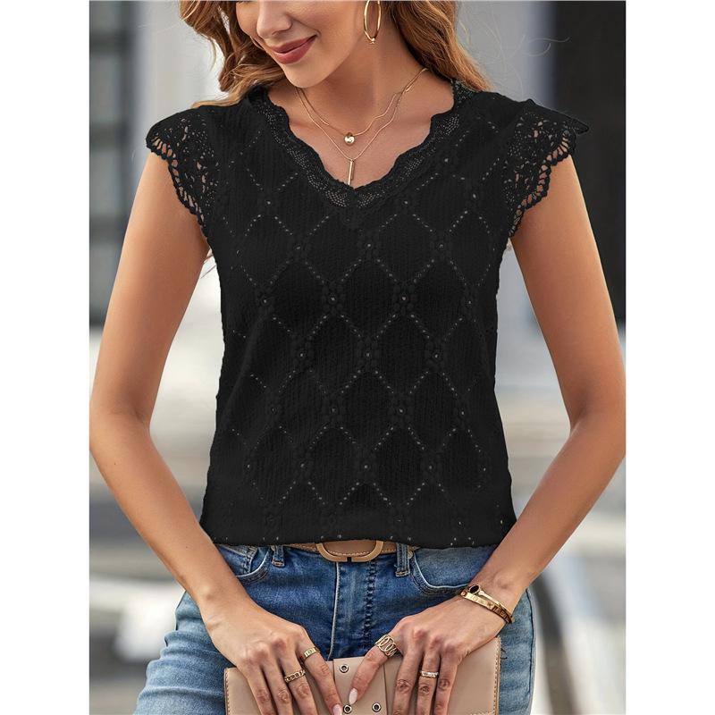 

2024 Женский летний пуловер с V-образным вырезом и кружевной отделкой L чёрный