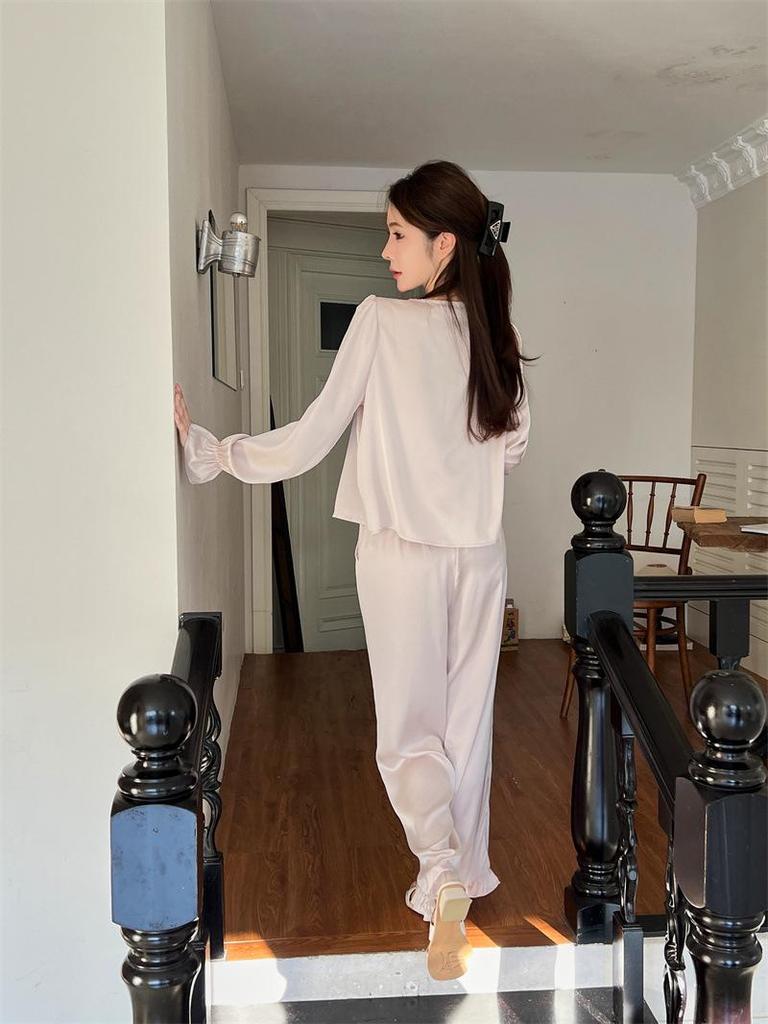Ice Silk Women's Pajamas: Spring/Autumn Long Sleeve Cardigan & Trousers Set for Casual Home Wear