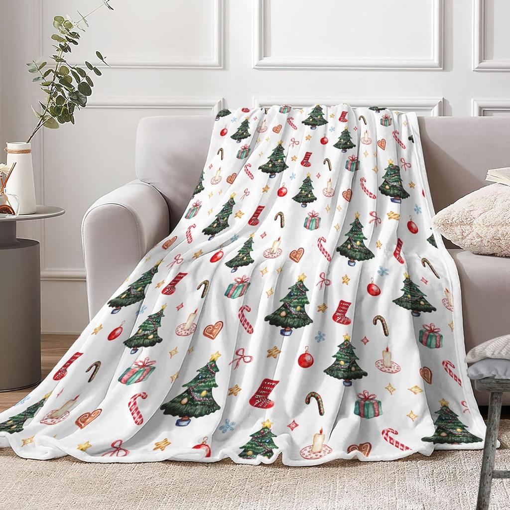 Christmas Throw Blanket  Cute Snowman Red Candy Cane Glove Snowflake Design Soft Flannel Warm Bed Cover for Holiday Couch Decor