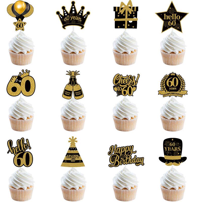 30th 40th 50th 60th Birthday Party Black Gold Cupcake Toppers 30 40 50 Years Old Birthday Party Cake Decoration Adult Party Gift