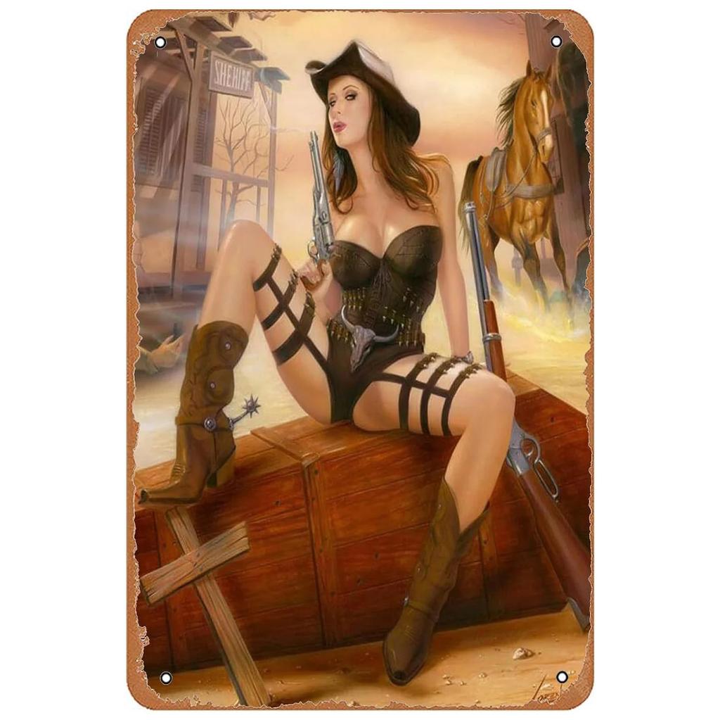 Pinup Sexy Cowgirls Kovové plechové cedule Nástěnné plakáty Deska Vintage Železný obraz Dekorace pro Pánský pokoj Kavárnu Herní místnost Klub Bar
