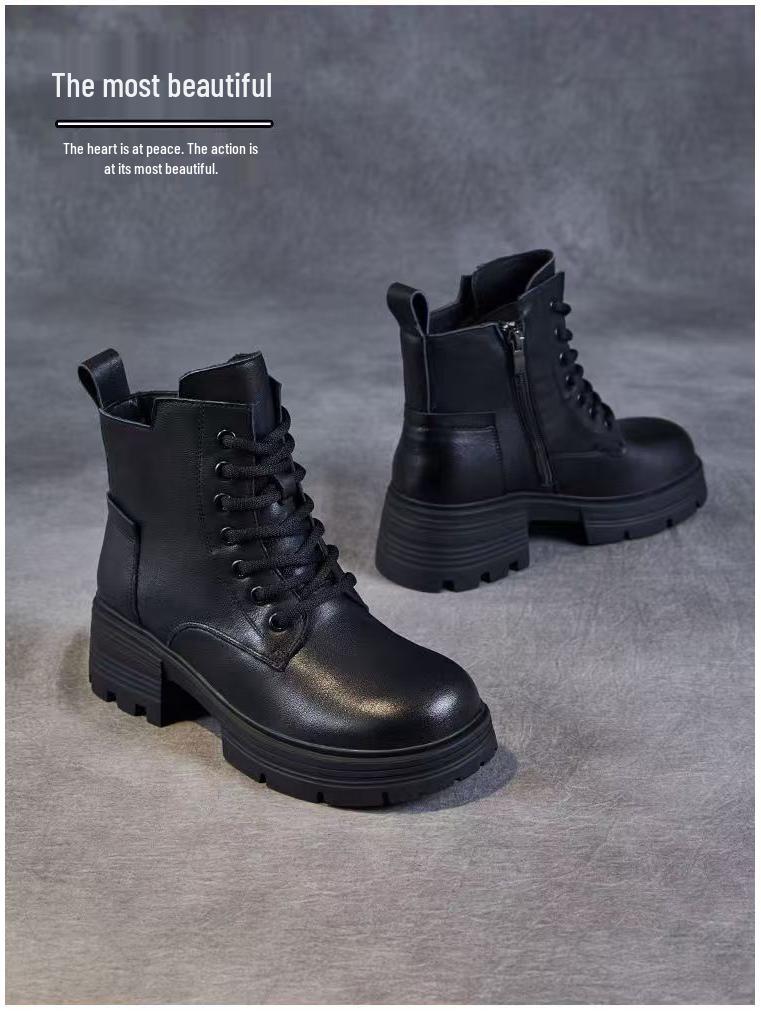 Women's Soft Leather Martin Boots, Thick Sole, British Style, Plus Velvet, Versatile Ankle Boots for Autumn/Winter 2025.