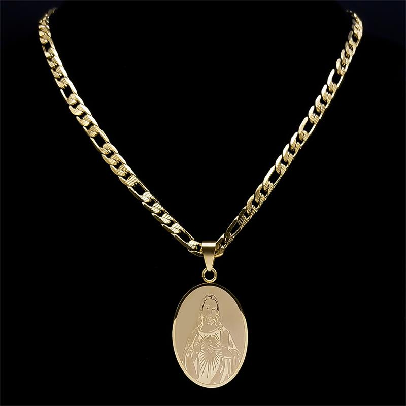 Christian Jesus Sacred Heart Medal Necklace for Men Women Stainless Steel Gold Plated Religious Necklace Jewelry Gift NZZZ141S05