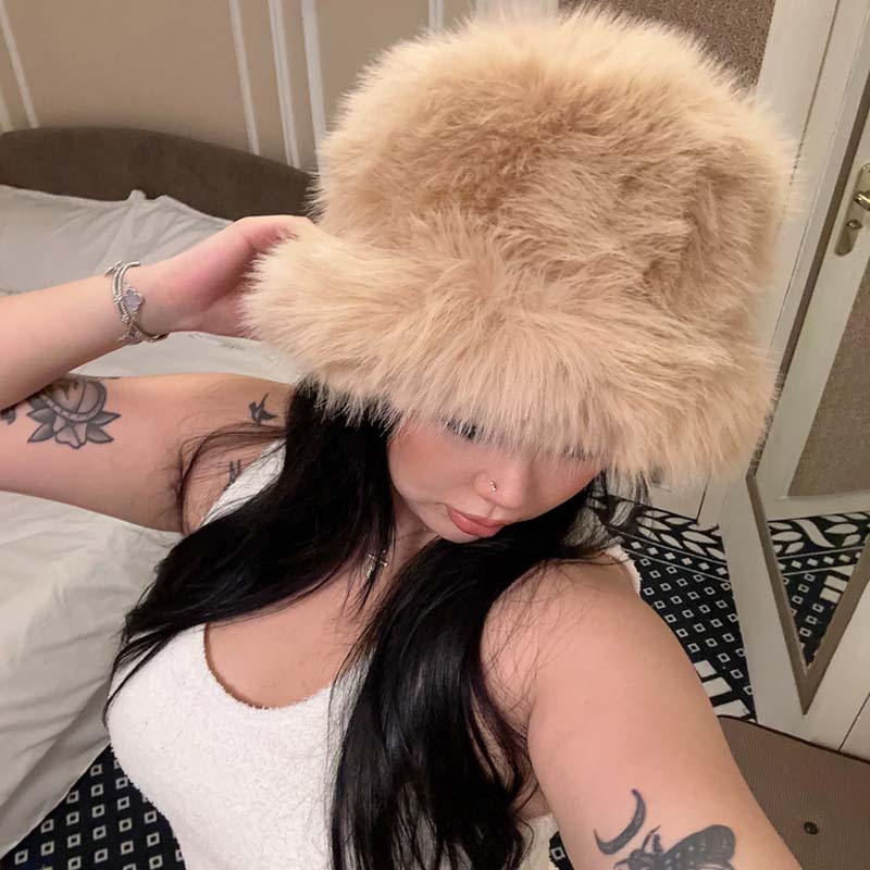 Fluffy Faux Fur Bucket Hats Women Rabbit Fur Warm Thick Plush Winter Hat Lady Fashion Luxury Panama Furry Fisherman Cap Y2K