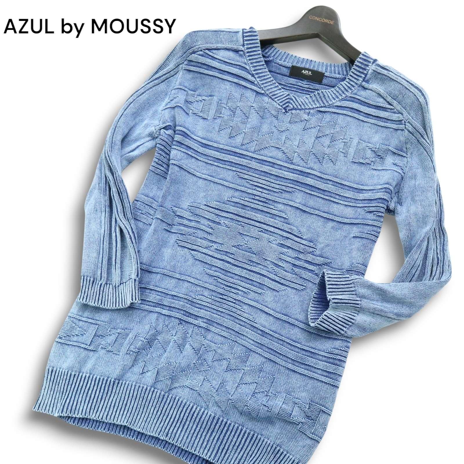 AZUL by MOUSSY Washed Native Pattern 3/4 Sleeve Indigo Sweater Cotton Knit Sz.S Men s