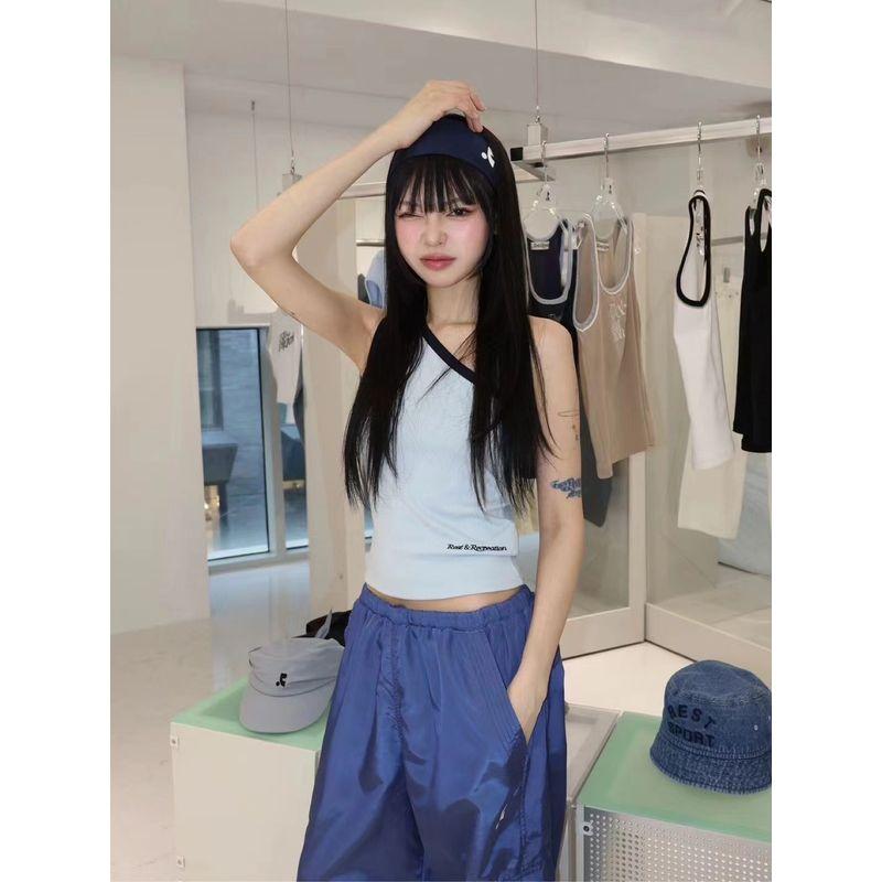 

South Korea Restandcreation One-Shoulder Cold-Shoulder Camisole Women s Trendy RR Silm Slim Looking Sexy Tops Sky Blue M