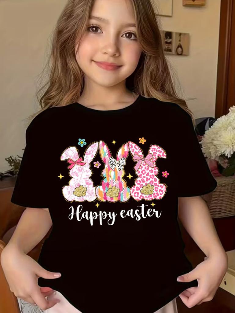 Happy Easter Shirt Kawaii Trio Bunny Kids Tees Colorful Rabbit Outfit Glitter Effect Top Toddler Spring Gift Pastel Girl Clothes