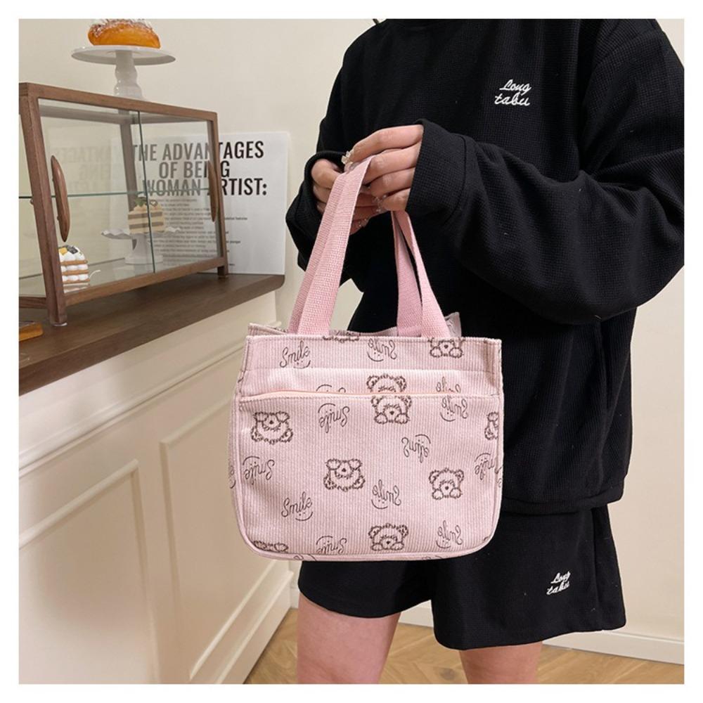 Durable Corduroy Tote Bag Cartoon Bear Large Capacity Lunch Bag Food Bag Travel