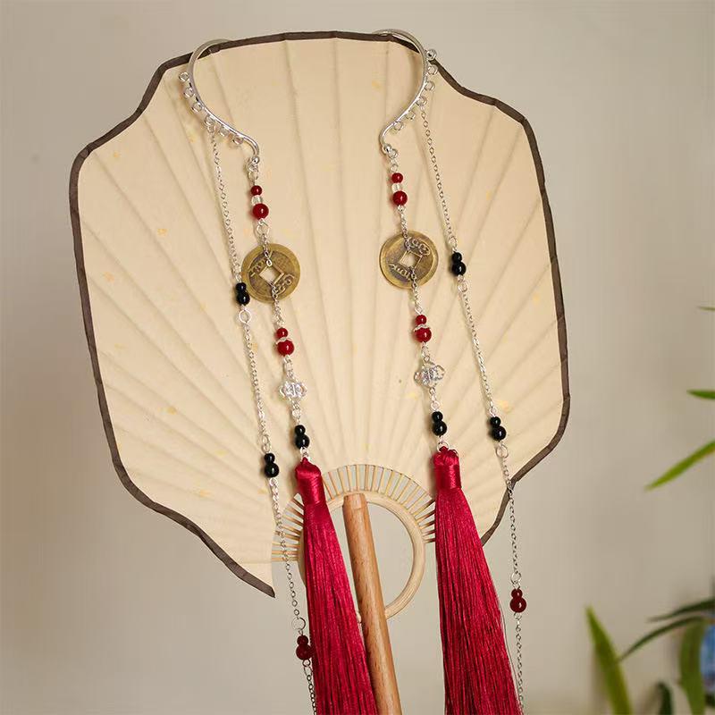 Mountain Ghost Flower Copper Coin Earrings with Tassels - Unisex Hanfu Style Ear Cuffs