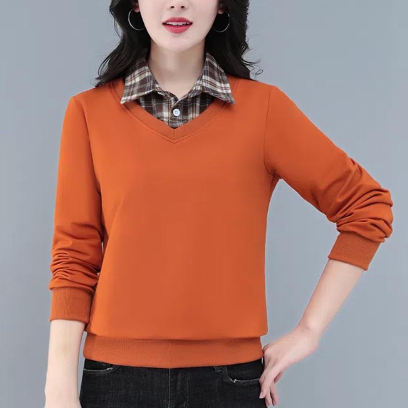 

Поддельные две части клетчатый фонарь пуговицы длинный рукав весна осень отложной воротник пуловер женская одежда повседневные топы XXL оранжевый