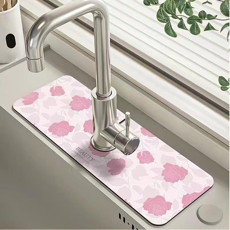 1 Stück saugfähige Matte für Waschbecken mit Blumenmuster, Drainage-Pad, Küchenspüle, Arbeitsplatten-Abfluss-Pad, Kieselgur-Schlammwaschbecken, zuschneidbares, schnell trocknendes Pad