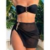 Biquíni Preto de Três Peças Bandeau com Decoração Dourada e Saia Cover Up de Renda Transparente