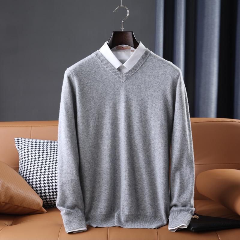 Men's Casual Autumn & Winter 100% Pure Wool V-Neck Loose Knit Sweater