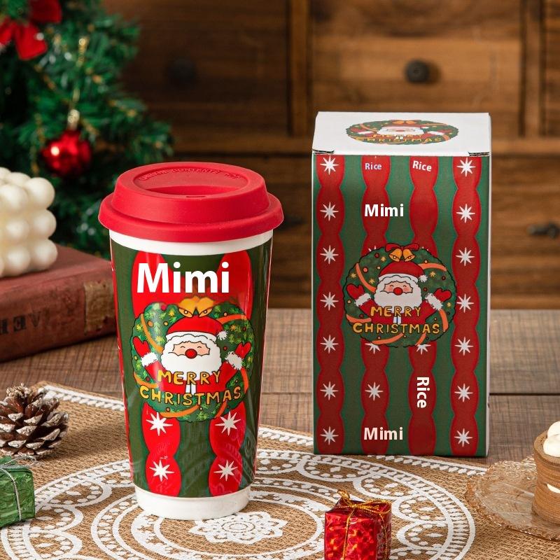 

Christmas Ceramic Mug Coffee Cup With Silicone Lid And Gift Box Latte Mug 580Ml Here Comes Santa Claus Gifts For Kids Mom Lovers A1