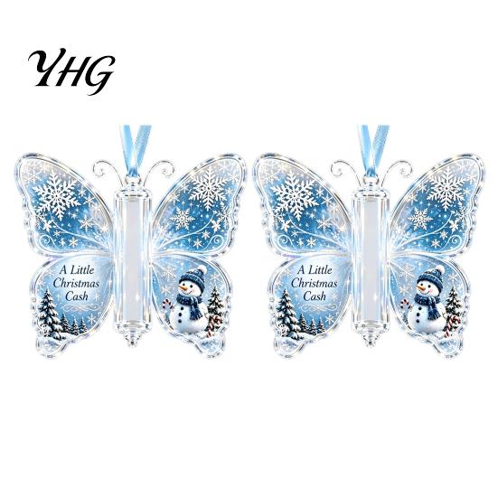 Festive Tree Hanging Decor Butterfly Cash Gift Ornament, Christmas Money Holder with Gifts for Family Friends Print, Acrylic Pendant Surprise Giving,