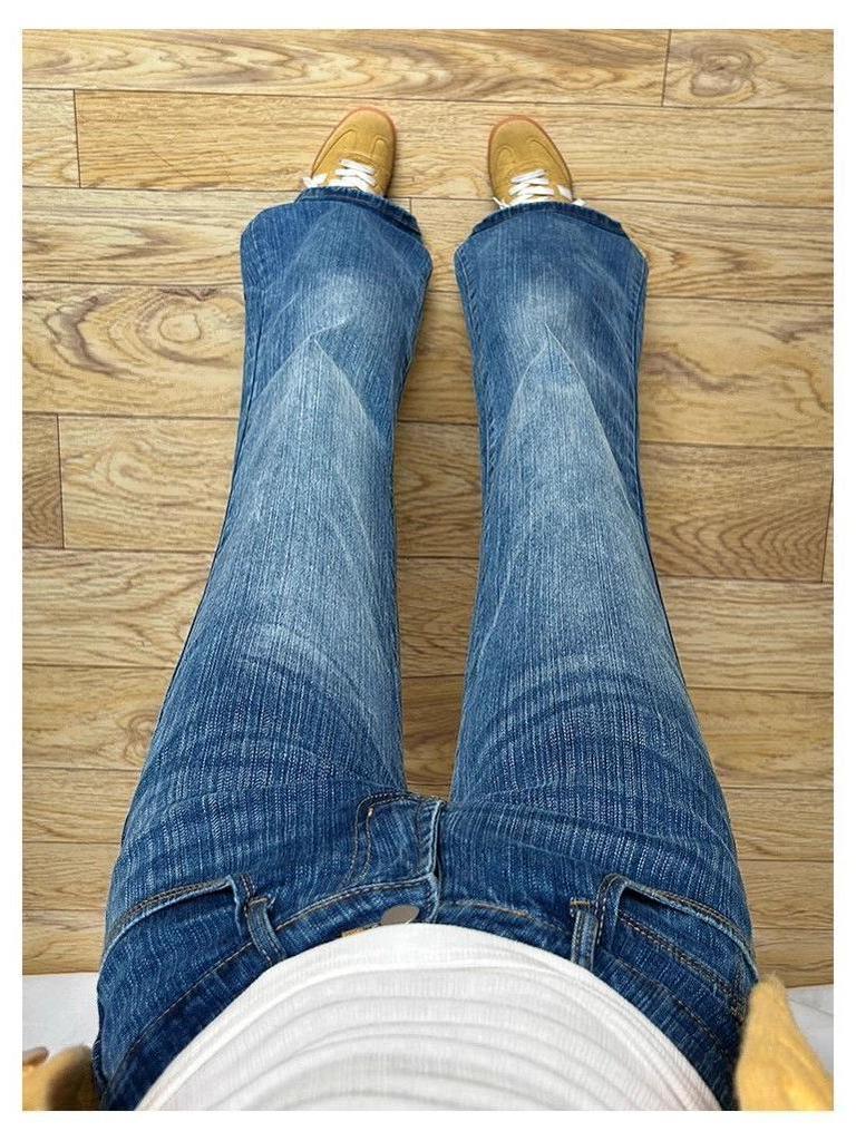 Women's Washed Low-Waist Dark Blue Micro-Flare Jeans - Bamboo Texture, Autumn Versatile, Comfortable Fit
