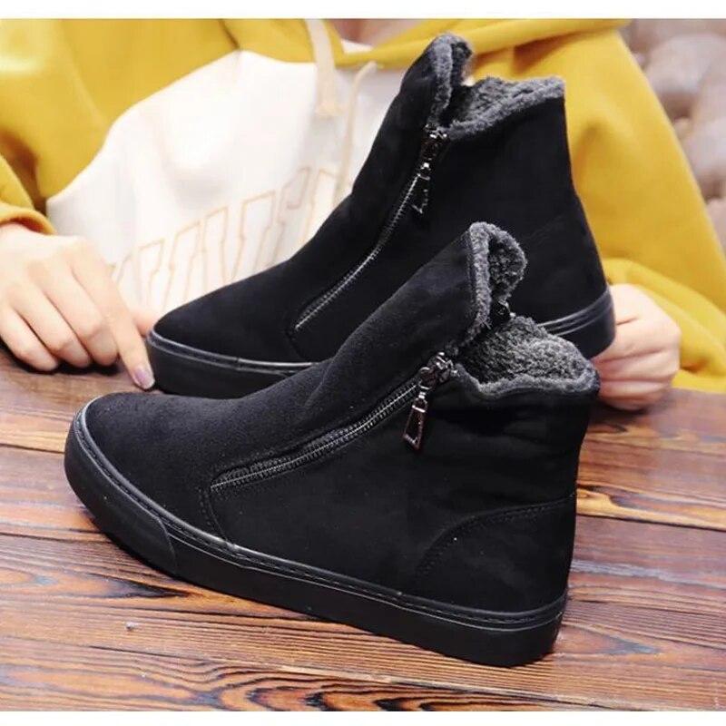 Comfortable Winter Snow Boots Flat Women Winter Shoes Zip Warm Plush Fashion Ladies Brand Ankle Boots Pure Black