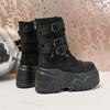 Fashion Belt Buckle Ankle Motorcycle Boots Platform Round Toe Height Increasing Lace-Up Fashion Concise Sexy Women Chunky Shoes New