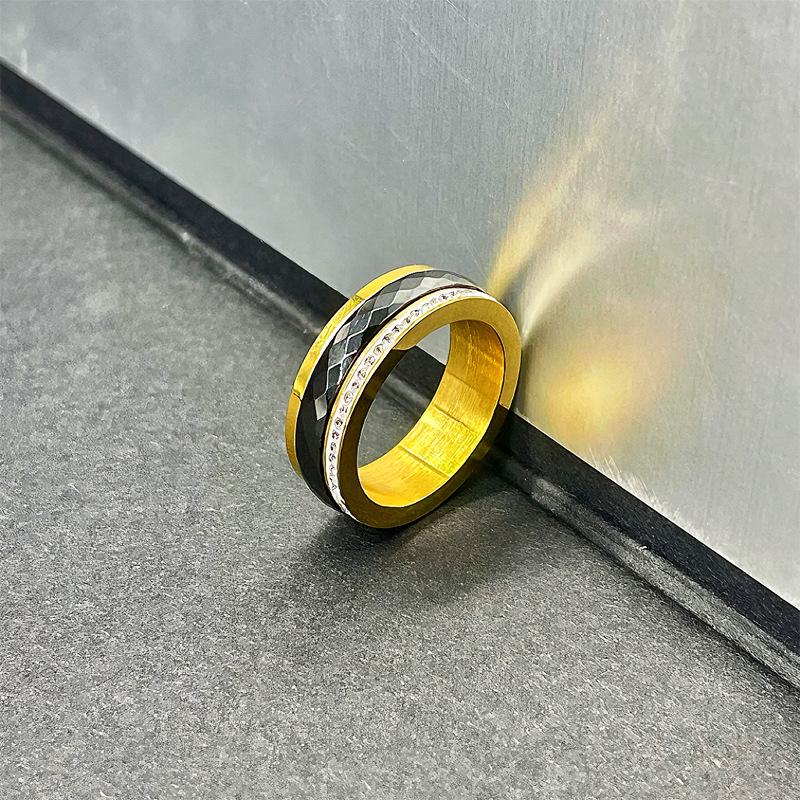 European-American Inlaid Diamond Black Ceramic Couple Ring: Rotatable Stainless Steel