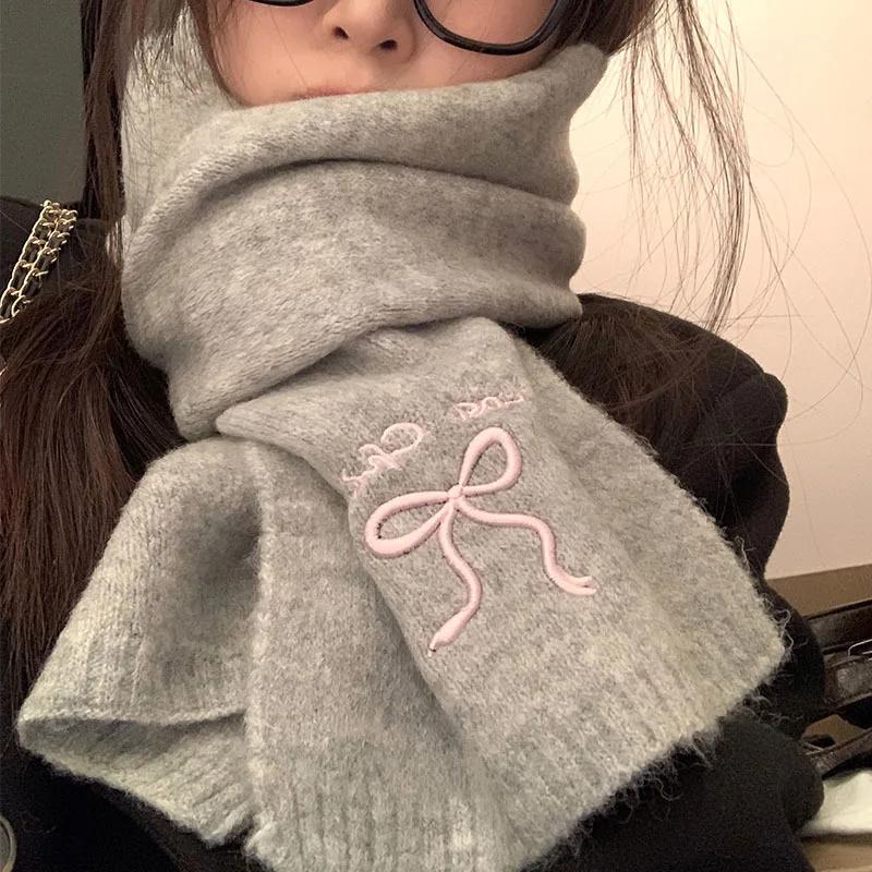 Solid Color Bow Embroidered Scarf Korean Fashion Women Sweet Autumn Winter Imitation Cashmere Knitted Scarves Thicken Soft Shawl