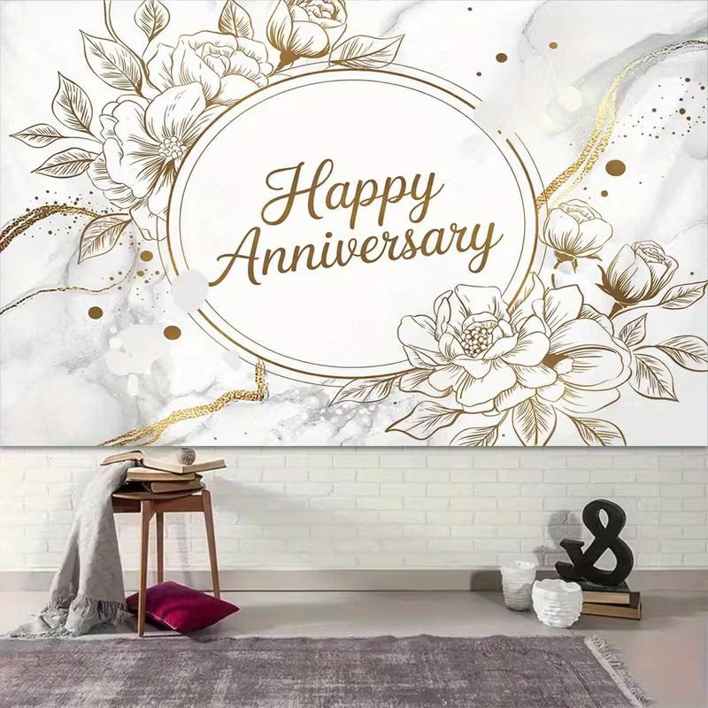 2D Happy Anniversary Backdrop White Marble Gold Floral Photography Background