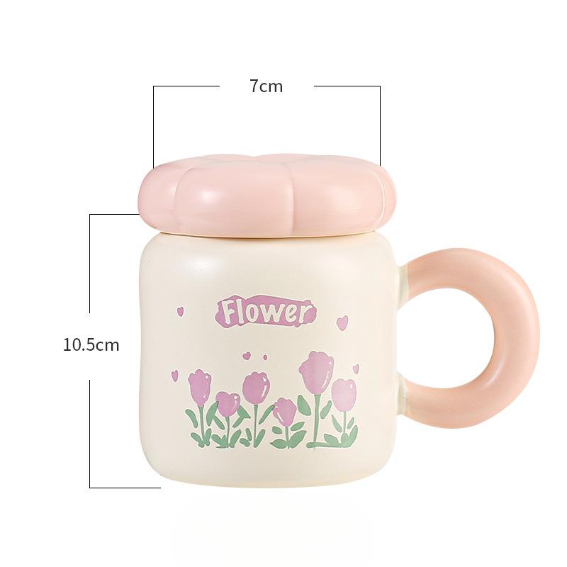 Ins High Looking Girls Mug Fresh Tulip Milk Cup Coffee Cup with Lid Breakfast Cup Ceramic Cup
