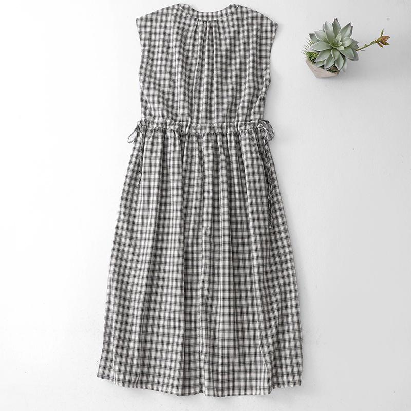 2026 Women's Black & White Plaid Drawstring V-Neck Cotton Sleeveless A-line Summer Dress