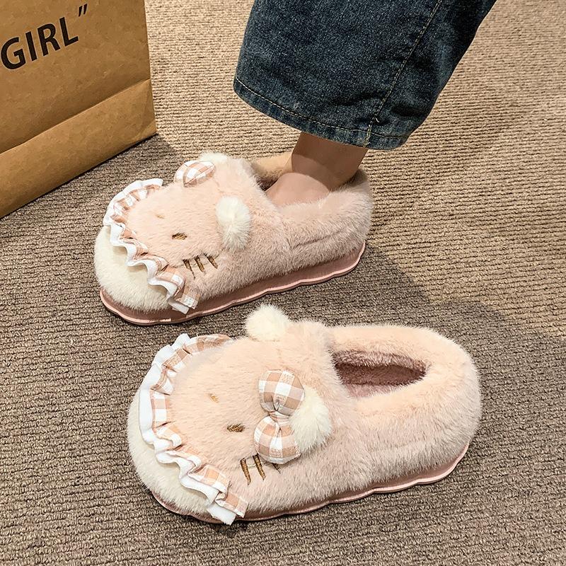 Autumn and Winter New Girls Cotton Shoes Cartoon Cute Three-dimensional Kitten Wear Plush Cotton Shoes Outside the Home