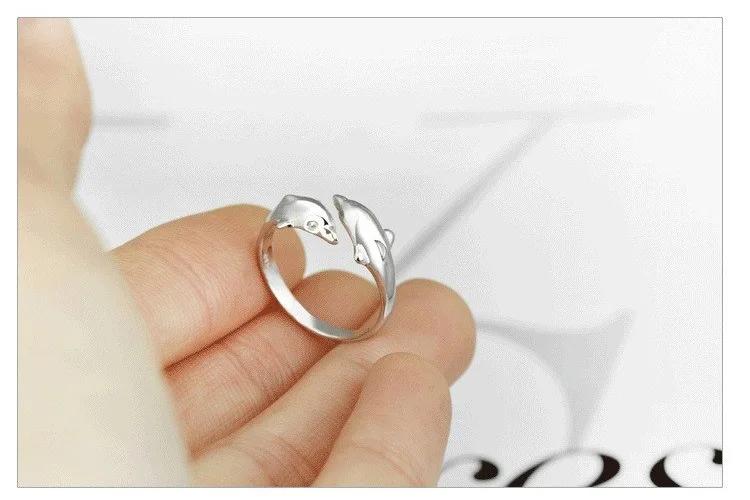 925 Silver Jewelry Open Happy Double Dolphin Love Rings For Women Party Gift Adjustable Ring Anillos Bague
