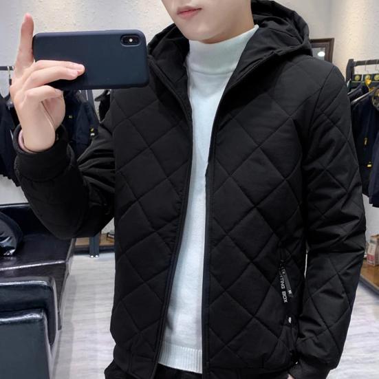Men Cotton Coat Hooded Long Sleeve Solid Color Zipper Placket Quilted Jacket Elastic Hem