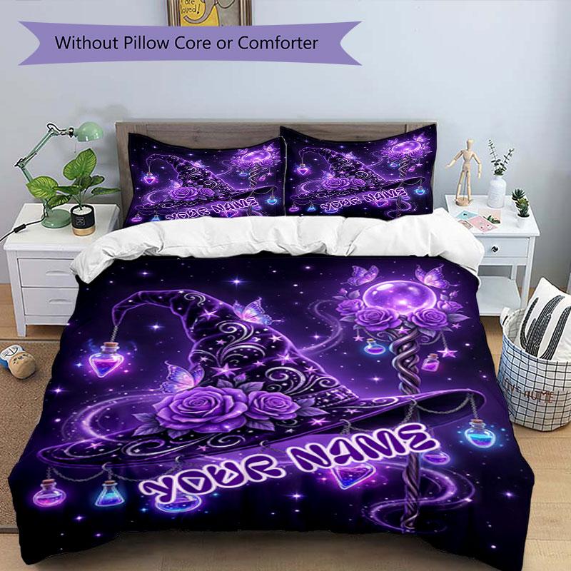 3pcs Custom Name Purple Magic Hat Bedding Set Printed Bedding Set Duvet Cover Closure Includes 1 Duvet Cover & 2 Pillowcases Bedroom Decor