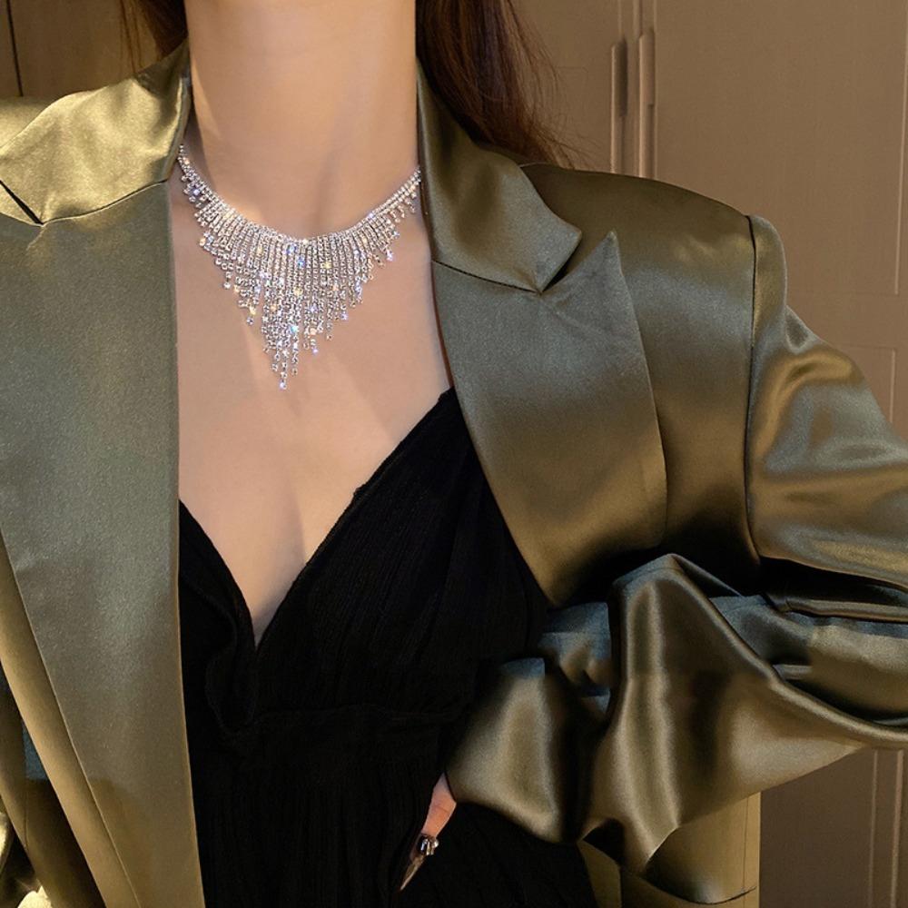 Luxury Temperament Shining Brightly Full Rhinestone Multi-layer Tassels Chain Necklace for Women Bride Wedding Banquet Jewelry