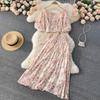 Holiday Style Suit Western Style Puff Sleeve Short Top High Waist Pleated Skirt Chiffon Floral Two-Piece Set