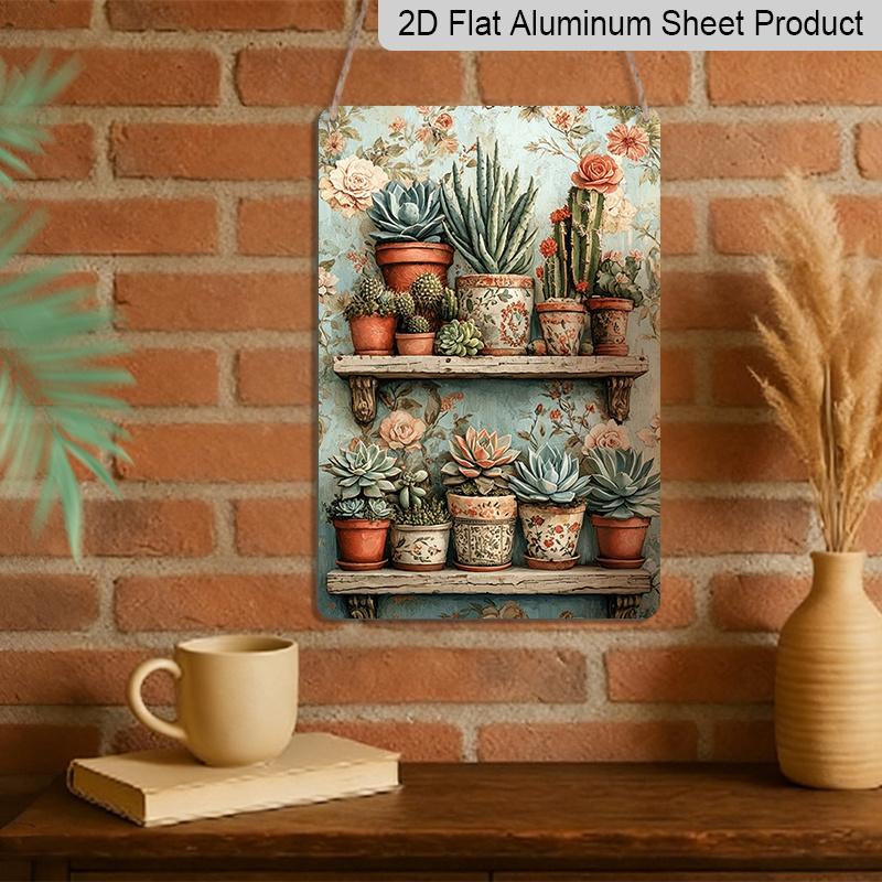 2D Flat, Vintage Succulent Shelf Aluminum Sign - Retro Cactus Wall Decor Plant Shop, Greenhouse, Boho Home, Living Room, Office, Garden Decor