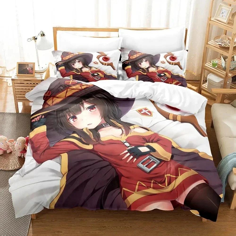 Trendy Lightweight King KonoSuba Cartoon Anime Three Piece Adult Kid Bedroom Sets 3D Print Kawaii Girls Size Bed Quilt