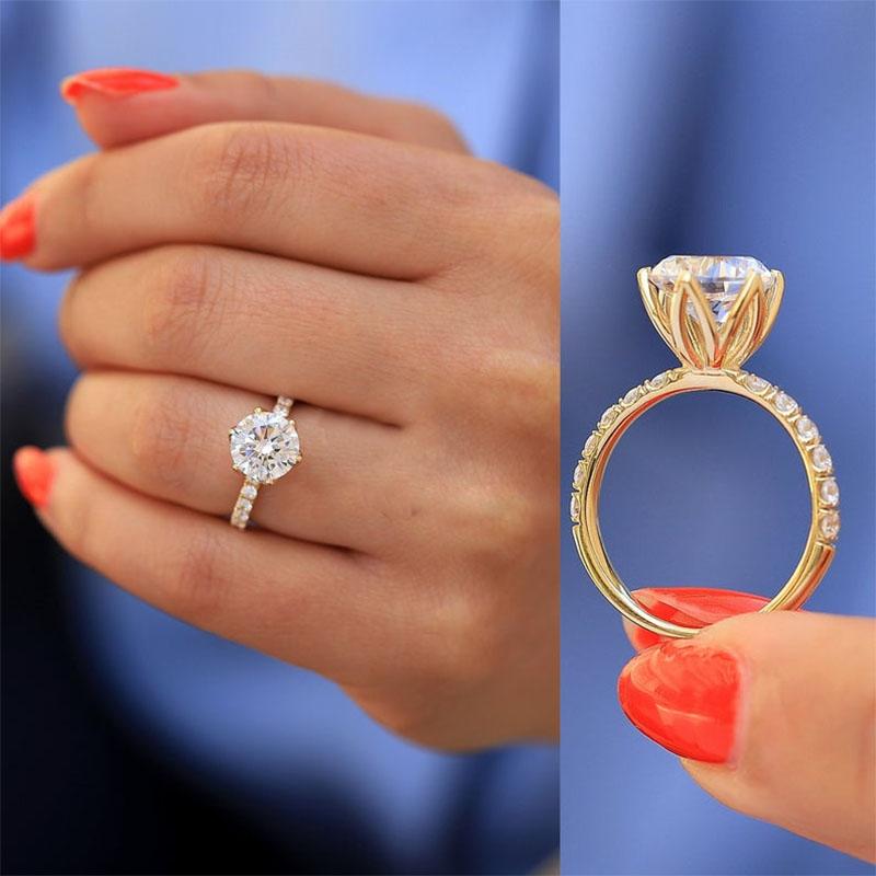 European And American Style Simple Women 'S Wedding Engagement Ring Gold Inlaid Round White Crystal Rhinestone Ring Jewelry
