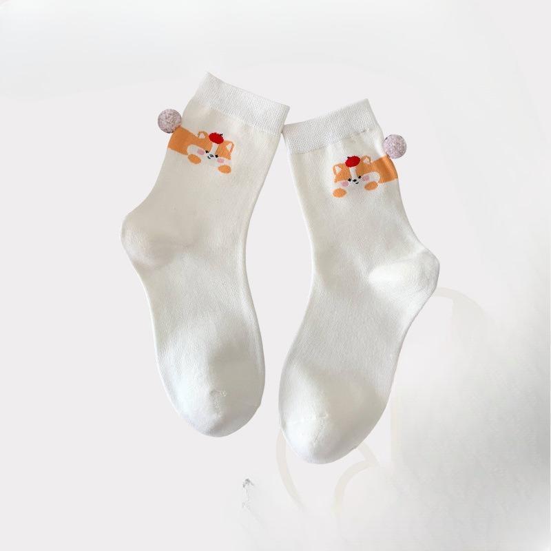 Bottom Ball Cartoon Animal Socks, Cute Mid-calf Socks for Girls, Solid Color, Versatile Panda Dui Dui Cotton Socks