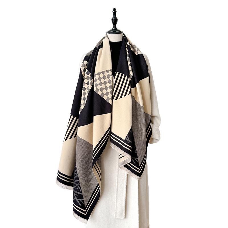 imitation cashmere scarf retro style plaid texture contrasting color double-sided personalized high-grade warm shawl