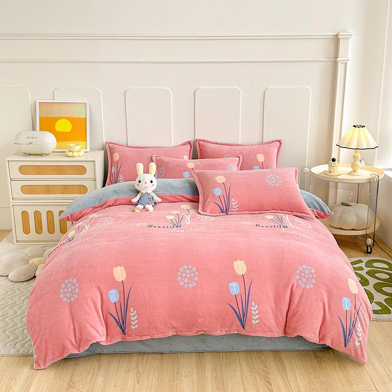 Thickened Milk Fleece Printing Four-Piece Polka Dot Student Bed Sheet Quilt Cover Bed Three-Piece Dormitory