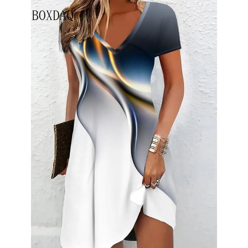 3D Vintage Women Flowers Printed Dresses Summer Plus Size Short Sleeve V-Neck Casual A-Line Knee-length Dress Loose