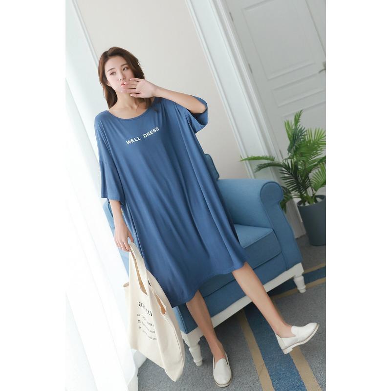 

Весенне-летняя женская ночная рубашка с открытыми плечами, свободное платье большого размера с рукавами «летучая мышь», длинное платье для сна дома One Size джинсовый синий