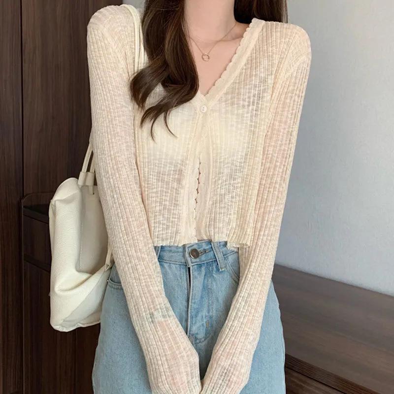 2025 Summer Ribbed Ice Silk Long Sleeve Knitted Cardigan – Women's Lightweight, Micro-Transparent, Hollow Out, Sun Protection.